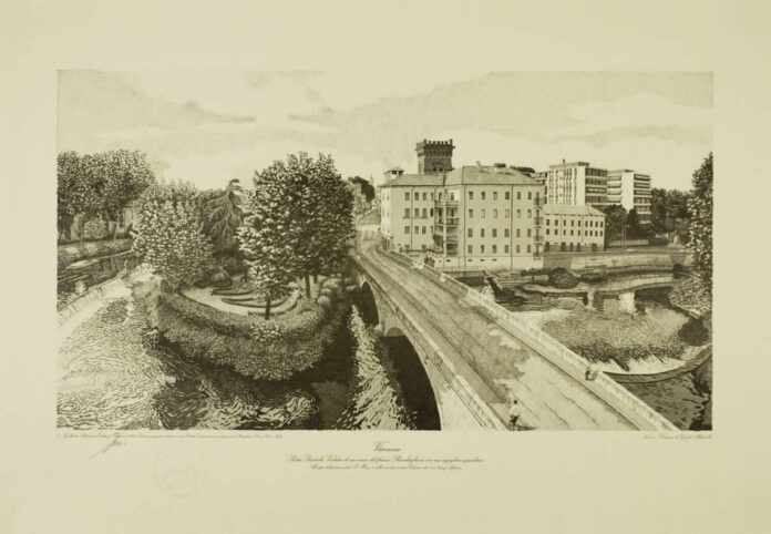 Antica visuale sul borgo e sul ponte Pusterla Per gentile concessione di Gilberto Padovan