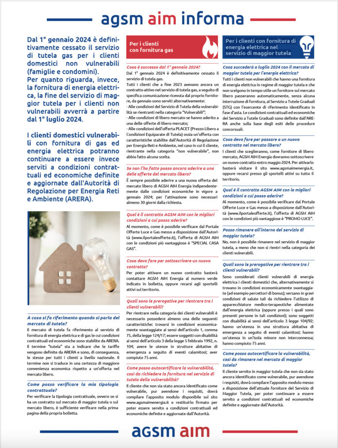 AGSM AIM, modifiche per contratti di tutela gas dal 1° gennaio 2024 e del contratti energia elettrica dal 1° luglio