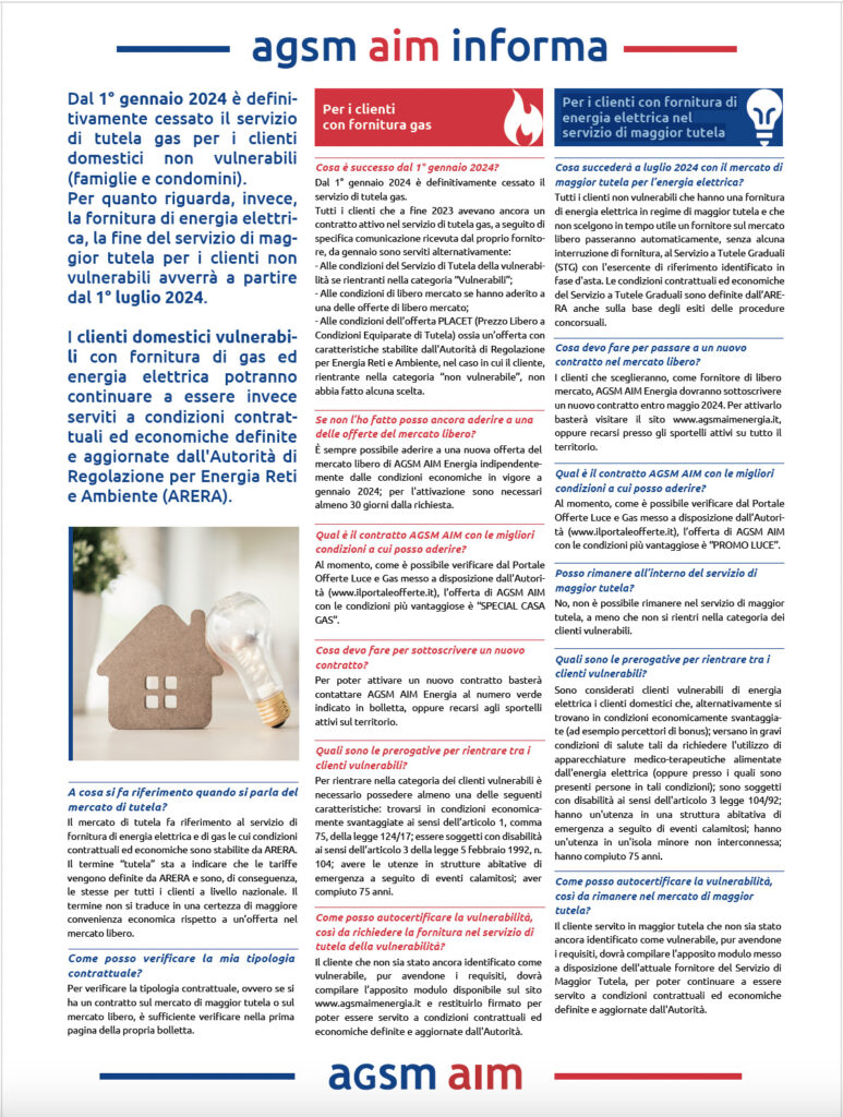 AGSM AIM, modifiche per contratti di tutela gas dal 1° gennaio 2024 e del contratti energia elettrica dal 1° luglio