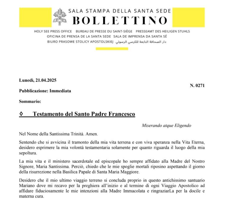 Il Testamento di Papa Francesco: “Seppellitemi nella terra nuda, a Santa Maria Maggiore”