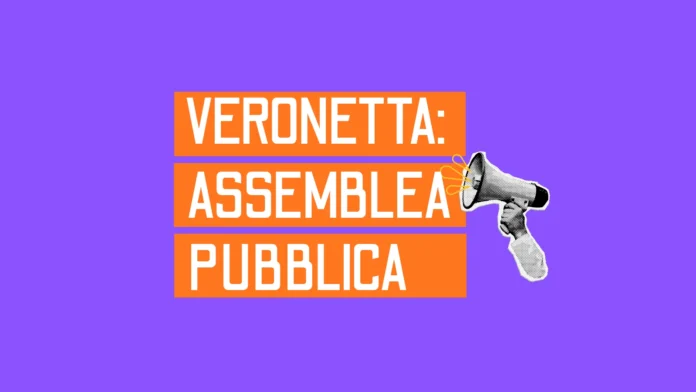 Grafica del Comune di Verona per l’assemblea pubblica di Veronetta, con megafono su sfondo viola