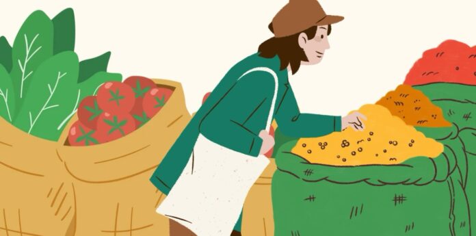 Illustrazione di una cliente tra i banchi di prodotti del Mercato della Terra, dalla locandina Slow Food Verona