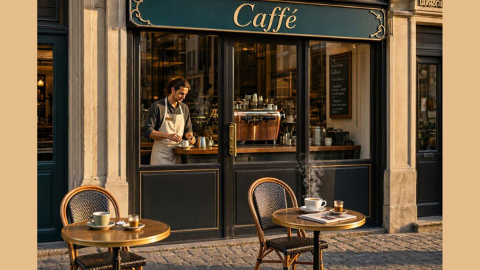 Il rito del caffè: tazzine ai tavolini di un bar, illustrazione generata con intelligenza artificiale