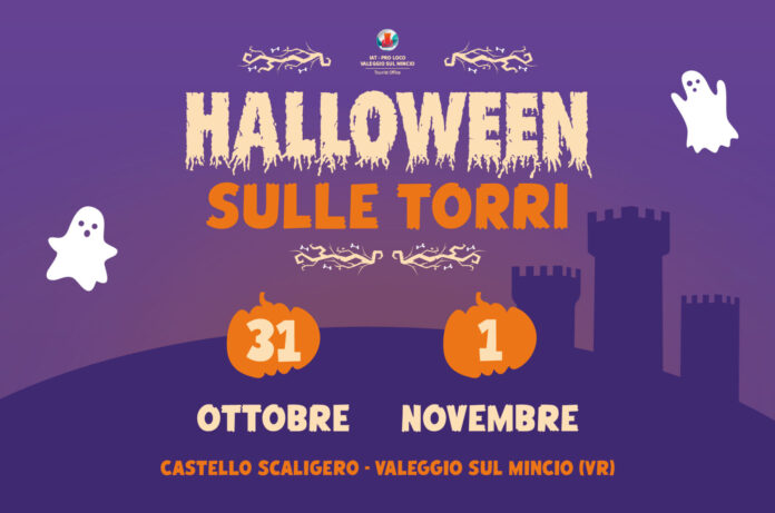 Halloween sulle Torri: locandina con fantasmi e zucche del Castello Scaligero di Valeggio