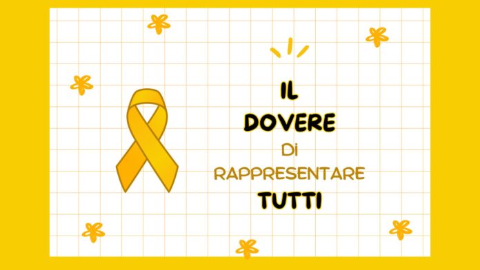 Illustrazione con nastro giallo e scritta Il dovere di rappresentare tutti