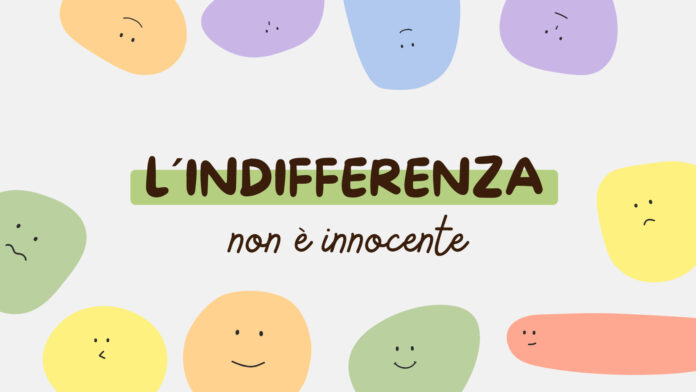 Sofferenza umana e indifferenza: illustrazione con la frase «L’indifferenza non è innocente»
