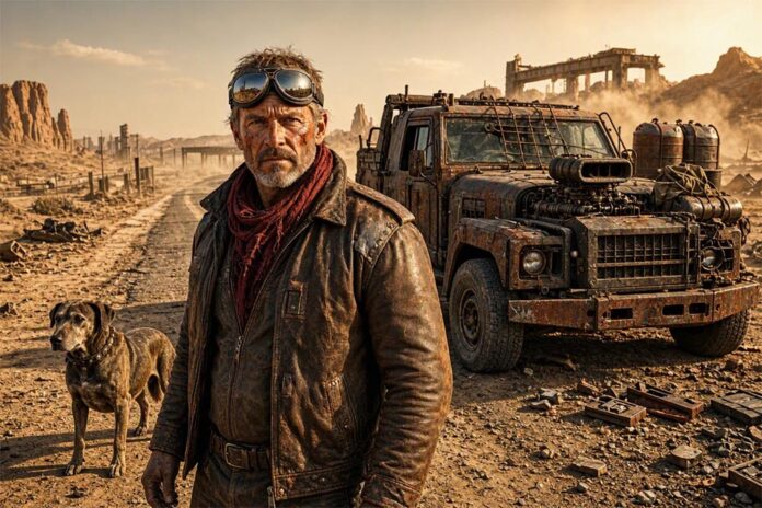 Mad Max: illustrazione di un uomo con un cane e un veicolo in uno scenario devastato