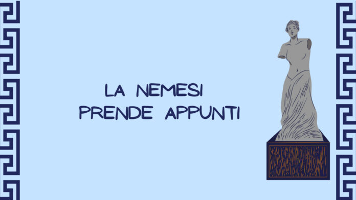 Alleanze e fiducia: illustrazione con statua e scritta La Nemesi prende appunti
