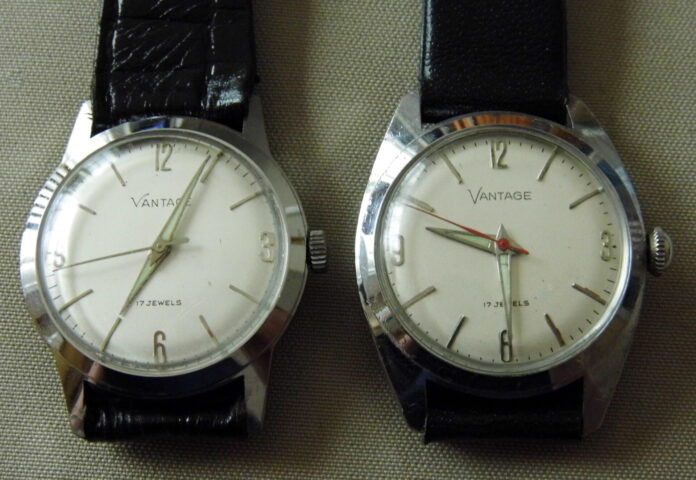 Due orologi vintage da polso Vantage con cinturino nero e quadrante chiaro