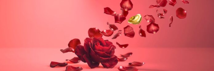 Rosa rossa con petali e un petalo dorato nel visual di Schermi d’Amore 2027