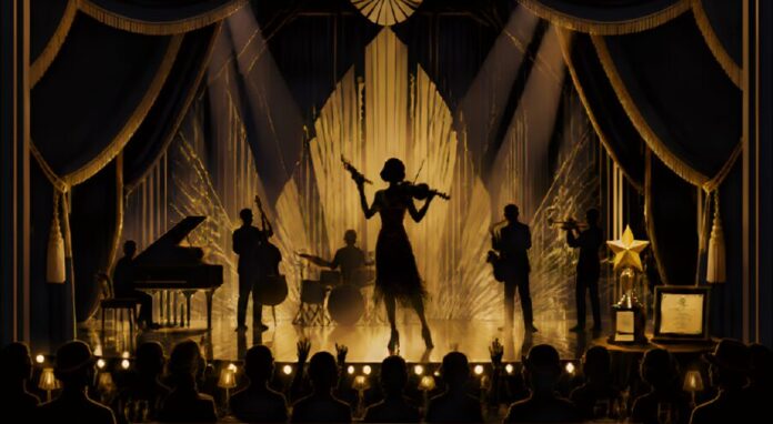 Illustrazione di un concerto sul palco nella locandina del Galà delle Associazioni al Teatro Camploy