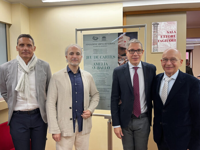Stefano Trespidi, Filippo Tonon, Francesco Ommassini e Roberto Gabbiani alla presentazione del dittico al Filarmonico